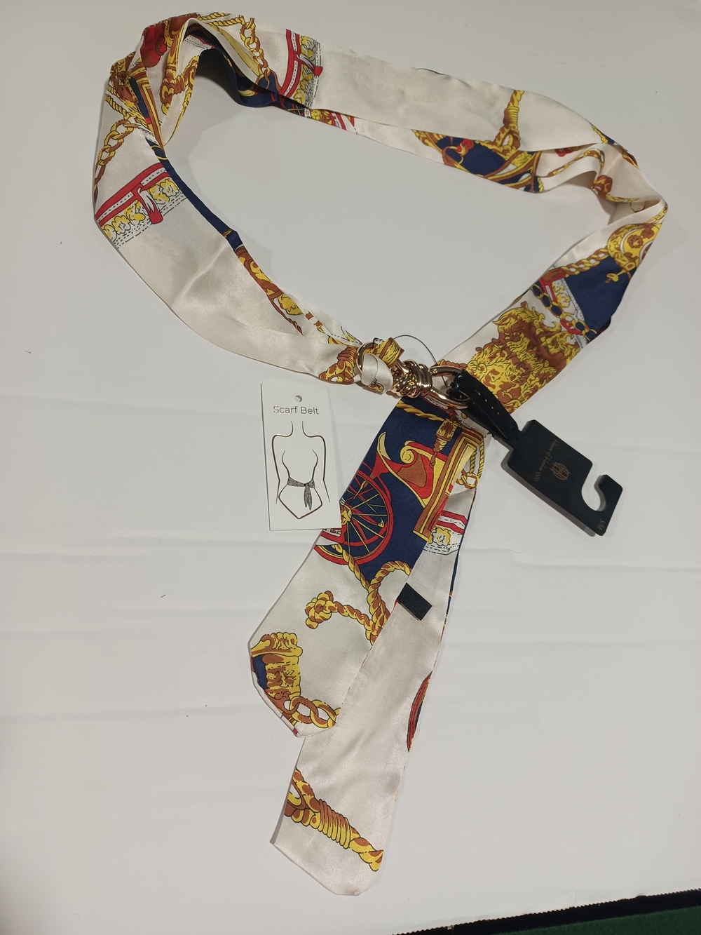 Silk-Feel Scarf Belt in Navy & Cream with Gold Chain Print M/S - Picture 1 of 4